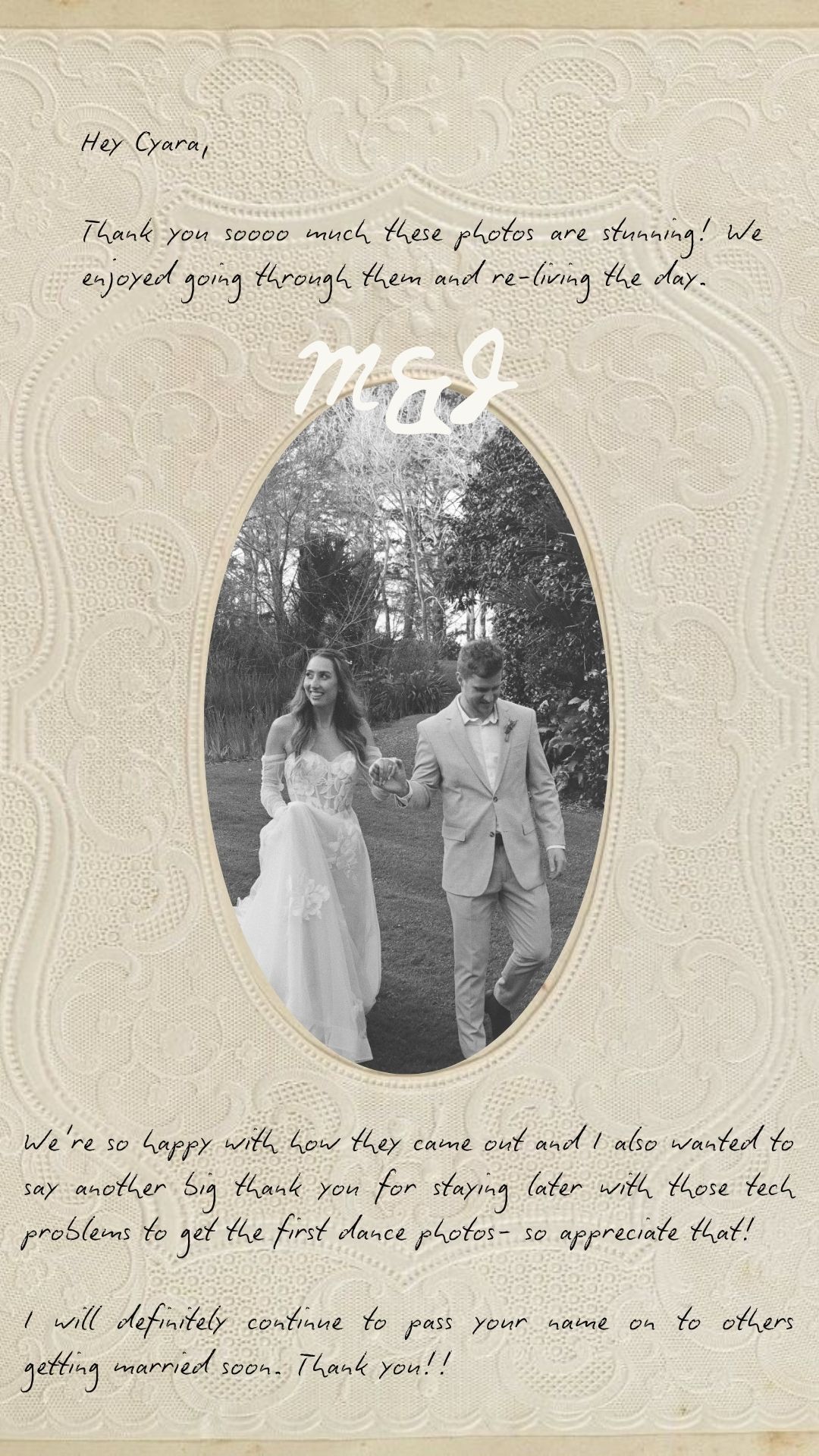 Wedding photos arranged in circular frames against a textured cream-colored background with handwritten notes.