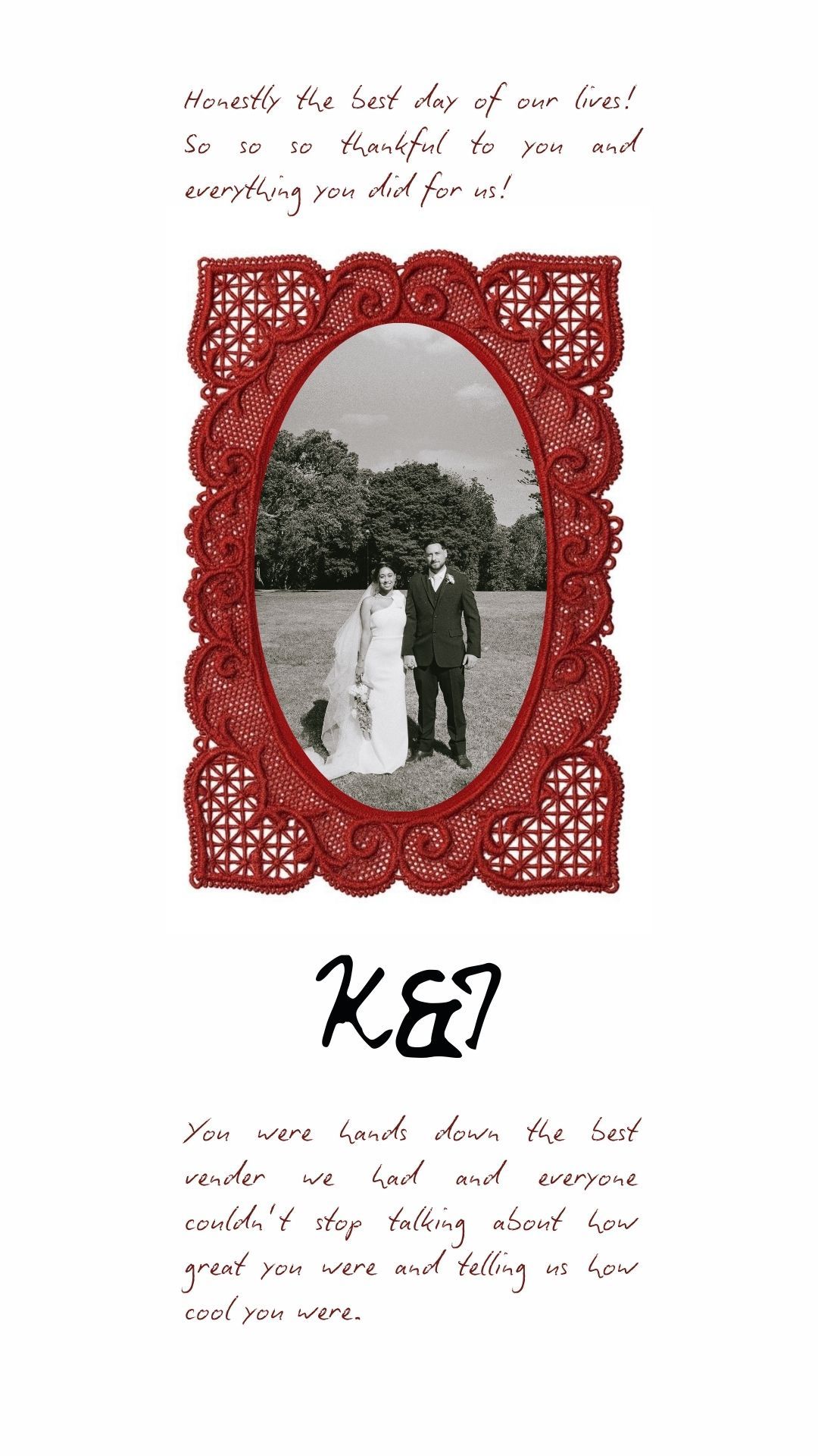 Black and white wedding photos displayed in decorative red lace-style frames against a white background.