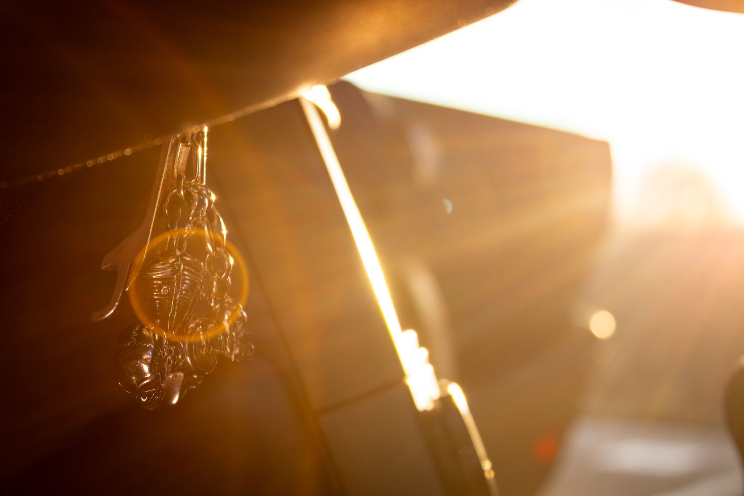 Golden sunlight streams through glass wine glasses hanging upside down in a bar or restaurant setting.