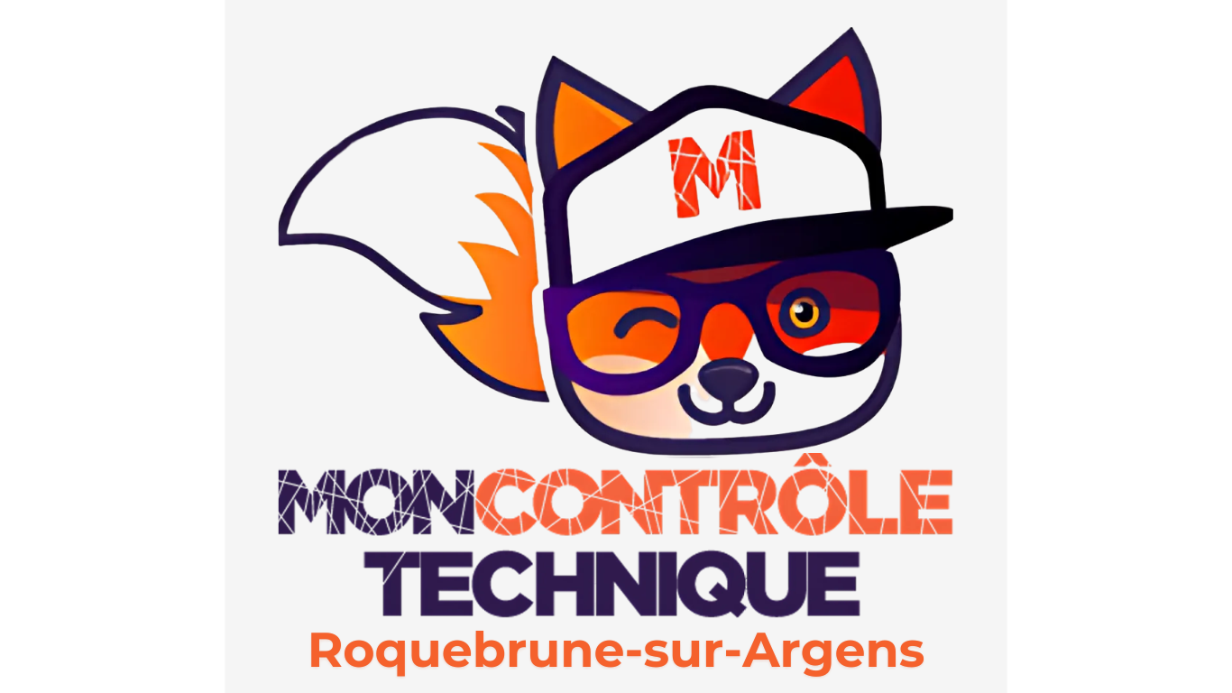 Cartoon fox mascot logo wearing glasses and a hat with letter M for Mon Controle Technique auto service in Roquebrune-sur-Argens.