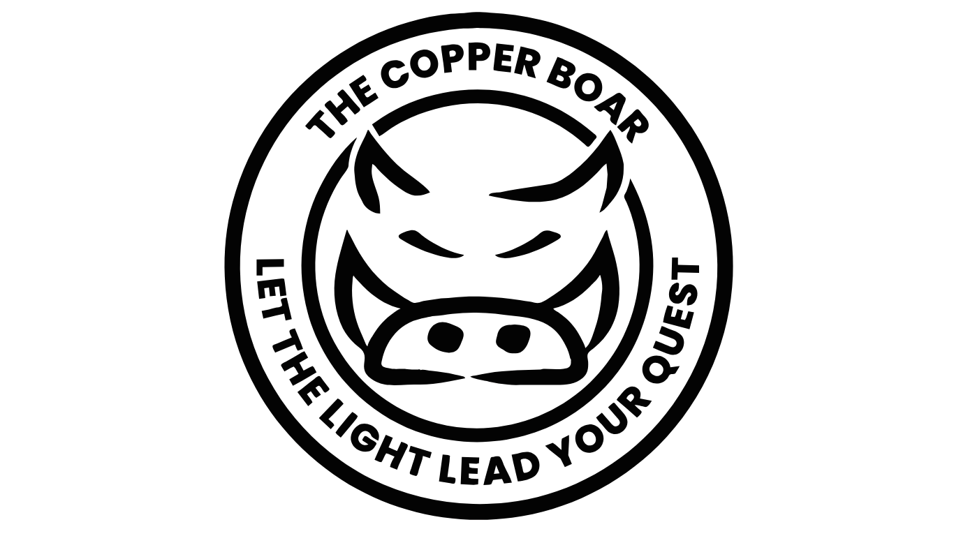 Black and white circular logo design featuring a stylized boar face with text 'The Copper Boar' and 'Let the Light Lead Your Quest'.