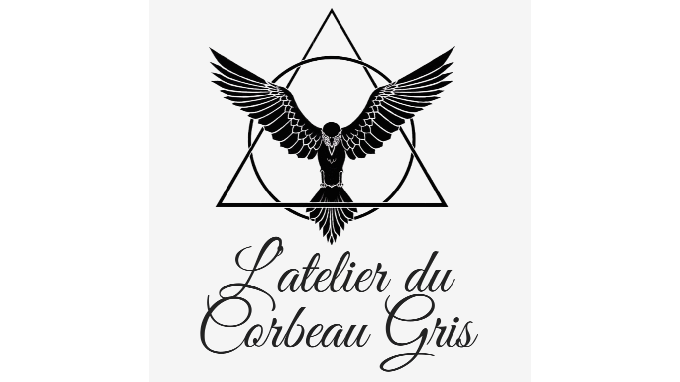 A minimalist black and white logo design featuring a crow with spread wings inside a triangular geometric frame.