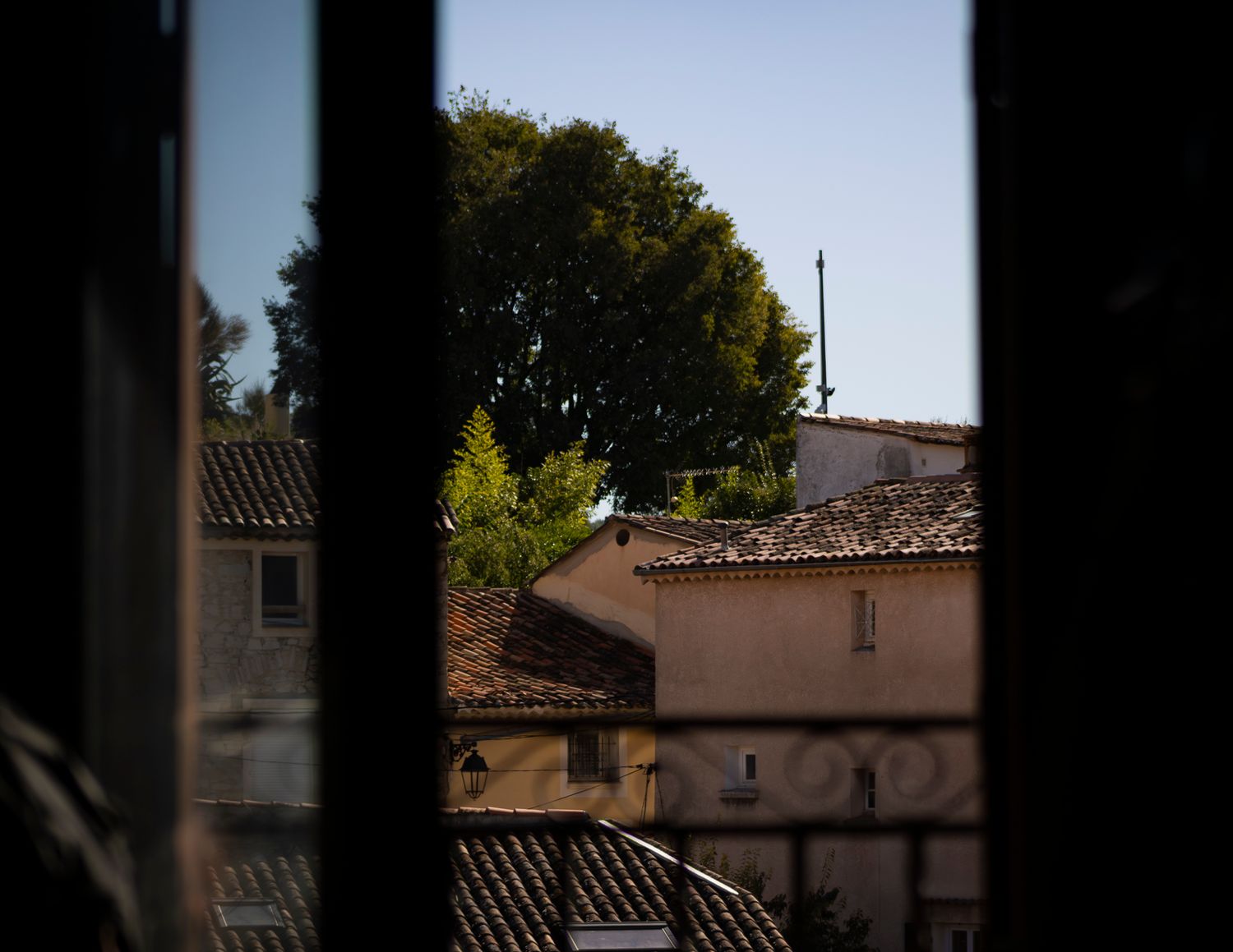 A dark silhouetted roofline of buildings against a bright sky with tree branches visible in the background.