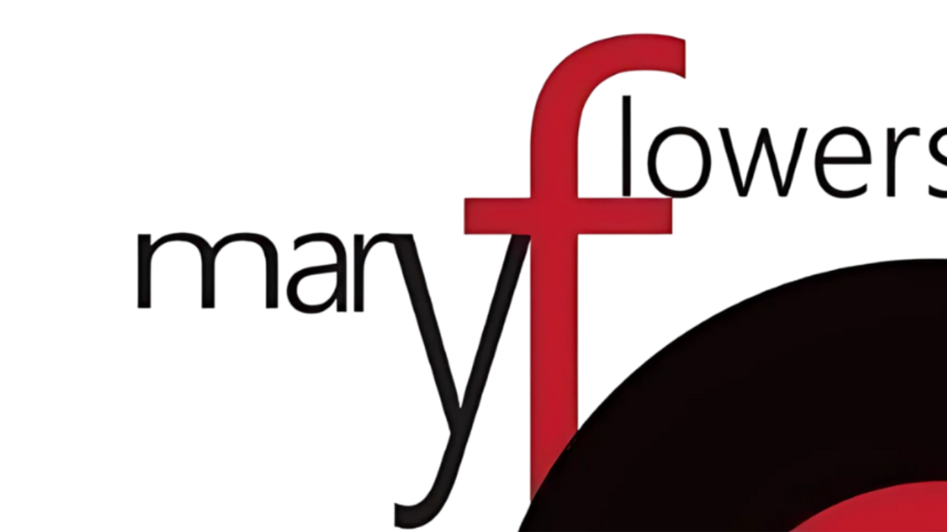 A minimalist logo design featuring the word 'flowers' with a stylized red cross or lowercase 't' shape incorporated.