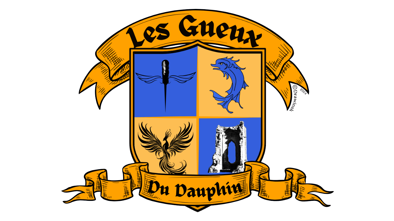 A heraldic shield with four quadrants showing a dolphin, eagle, tower and silhouette on blue and gold background with French banner.