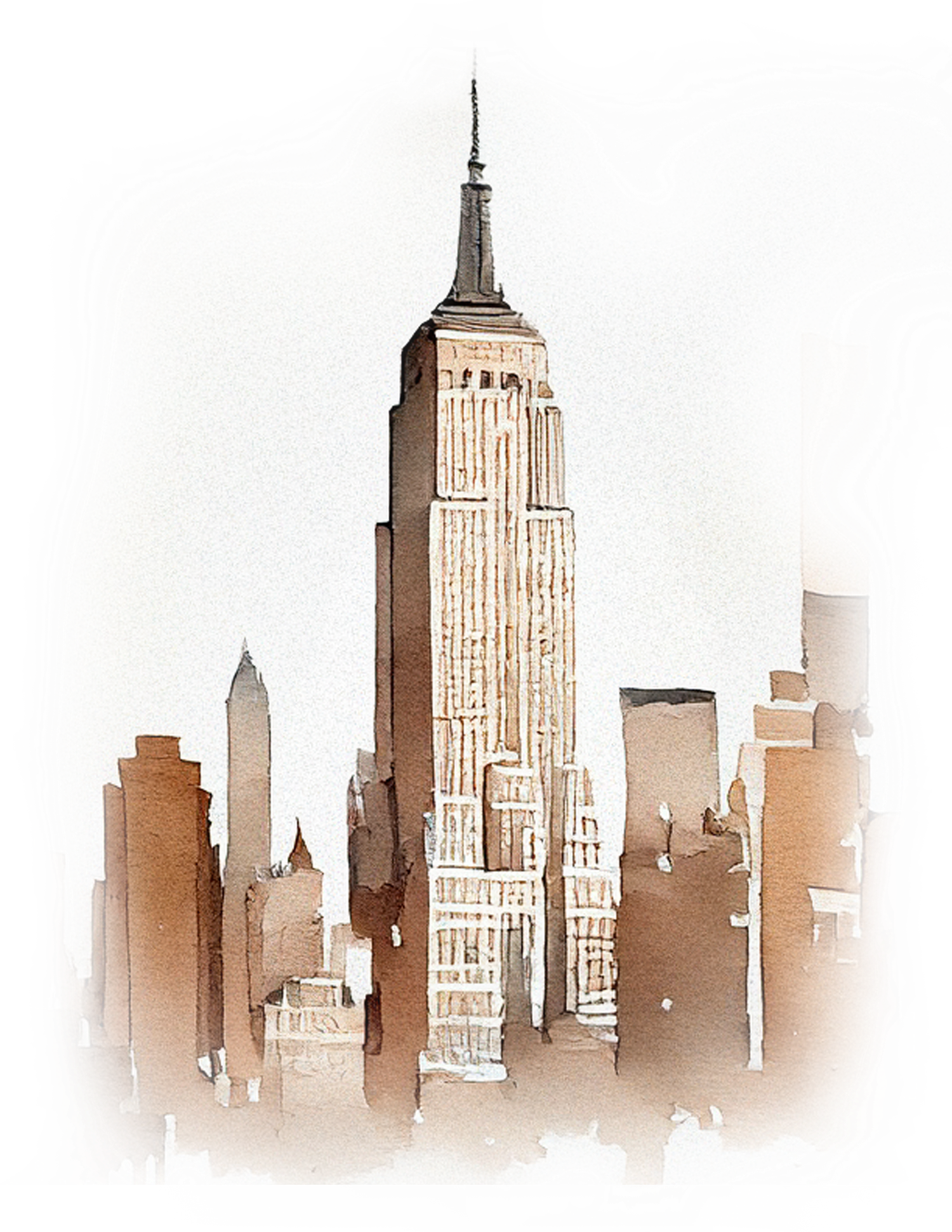 Sepia-toned illustration of the Empire State Building towering over the New York City skyline.