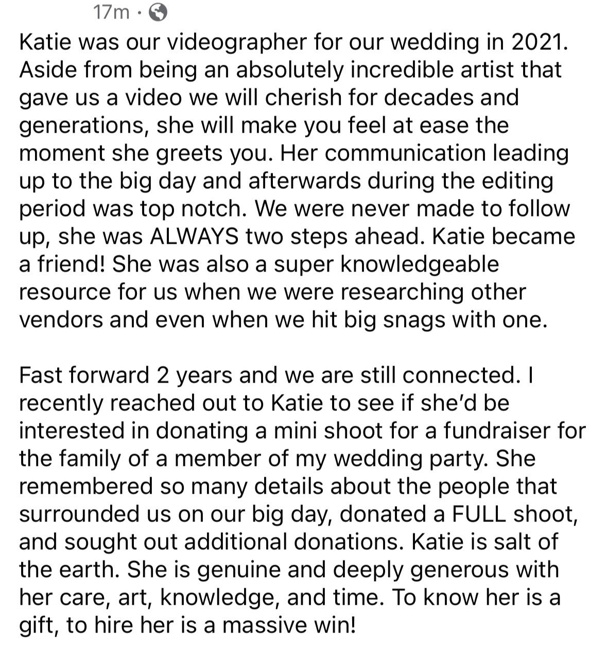 A screenshot of a social media post with text sharing a heartfelt story about a wedding videographer.