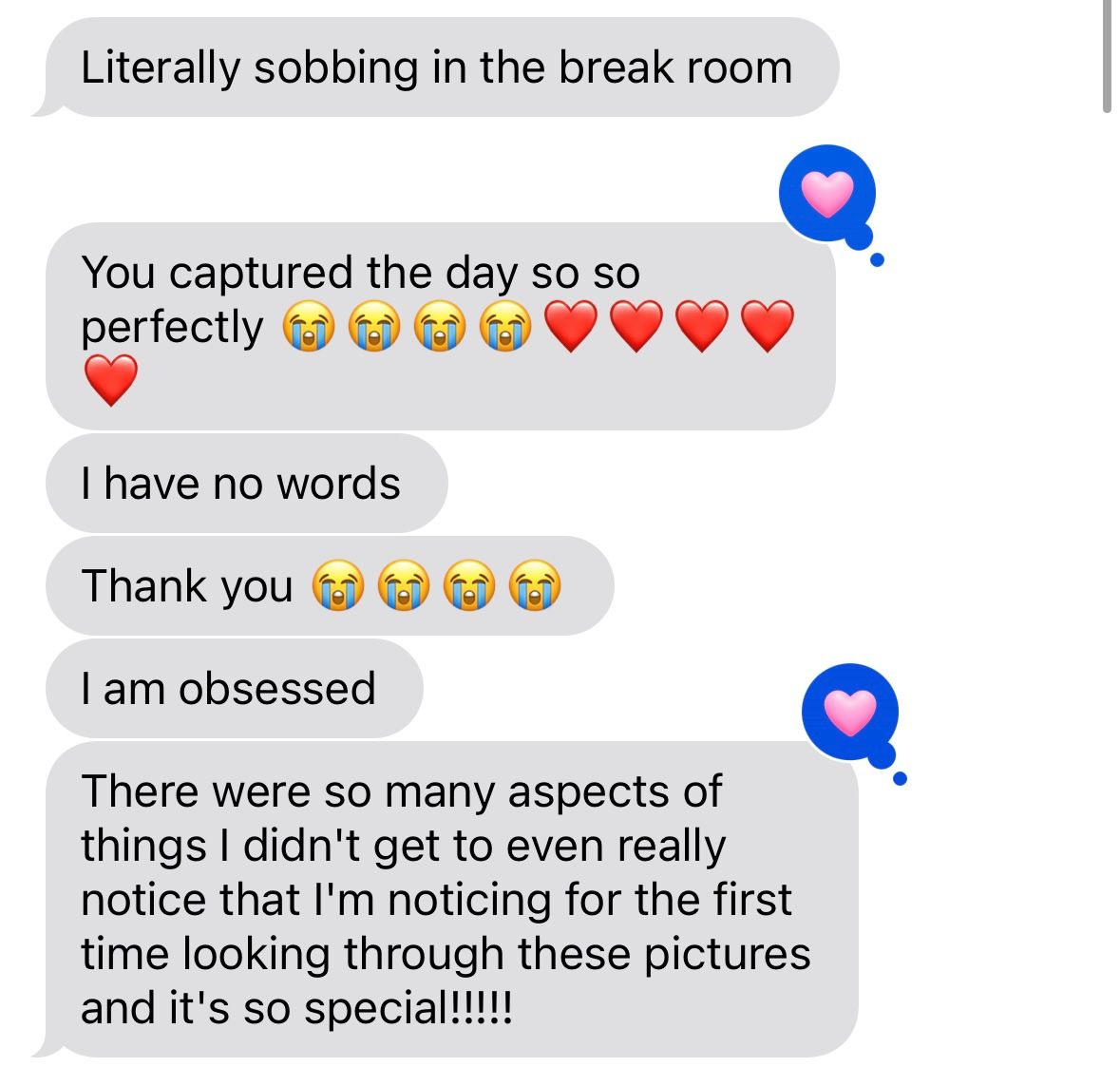 Screenshot of text message conversation showing emotional reactions and gratitude expressed through emojis and messages.