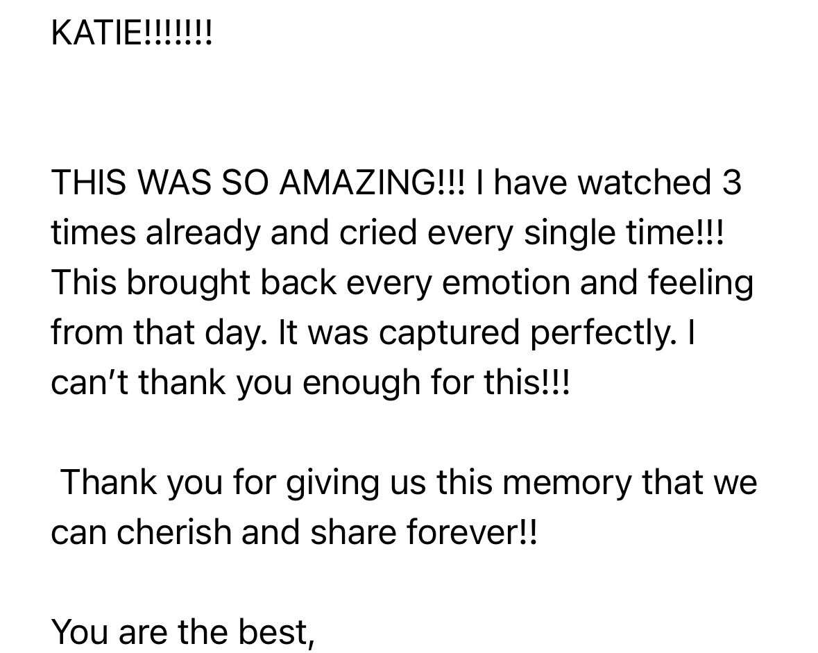 Handwritten thank you note on white paper expressing gratitude and appreciation for capturing special memories.