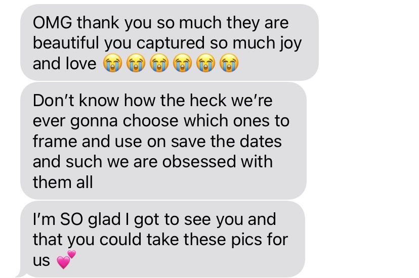 A text message conversation showing enthusiastic responses about beautiful photos and difficulty choosing which ones to frame.