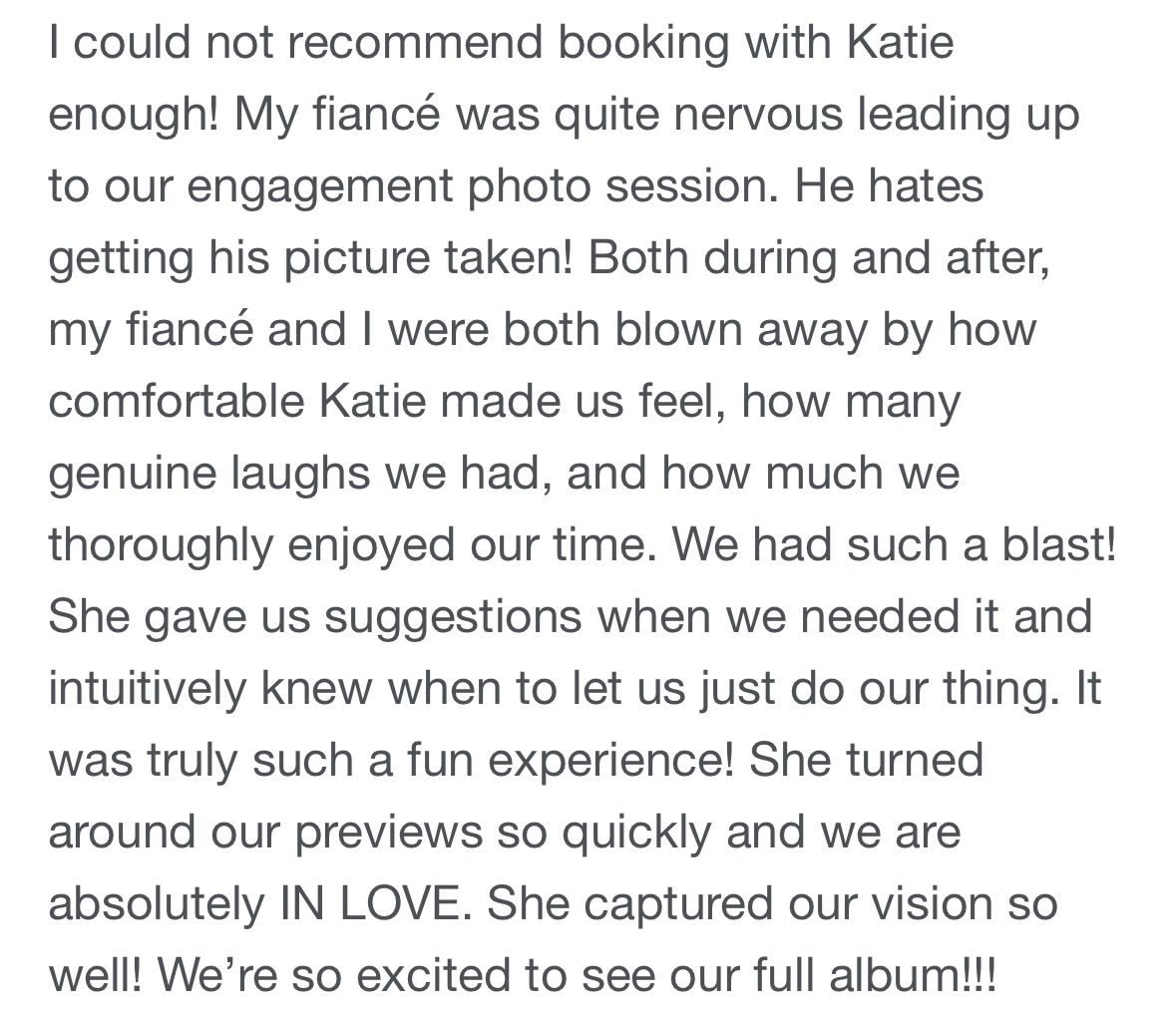 A positive review testimonial for a photography session praising the photographer's ability to make clients feel comfortable.