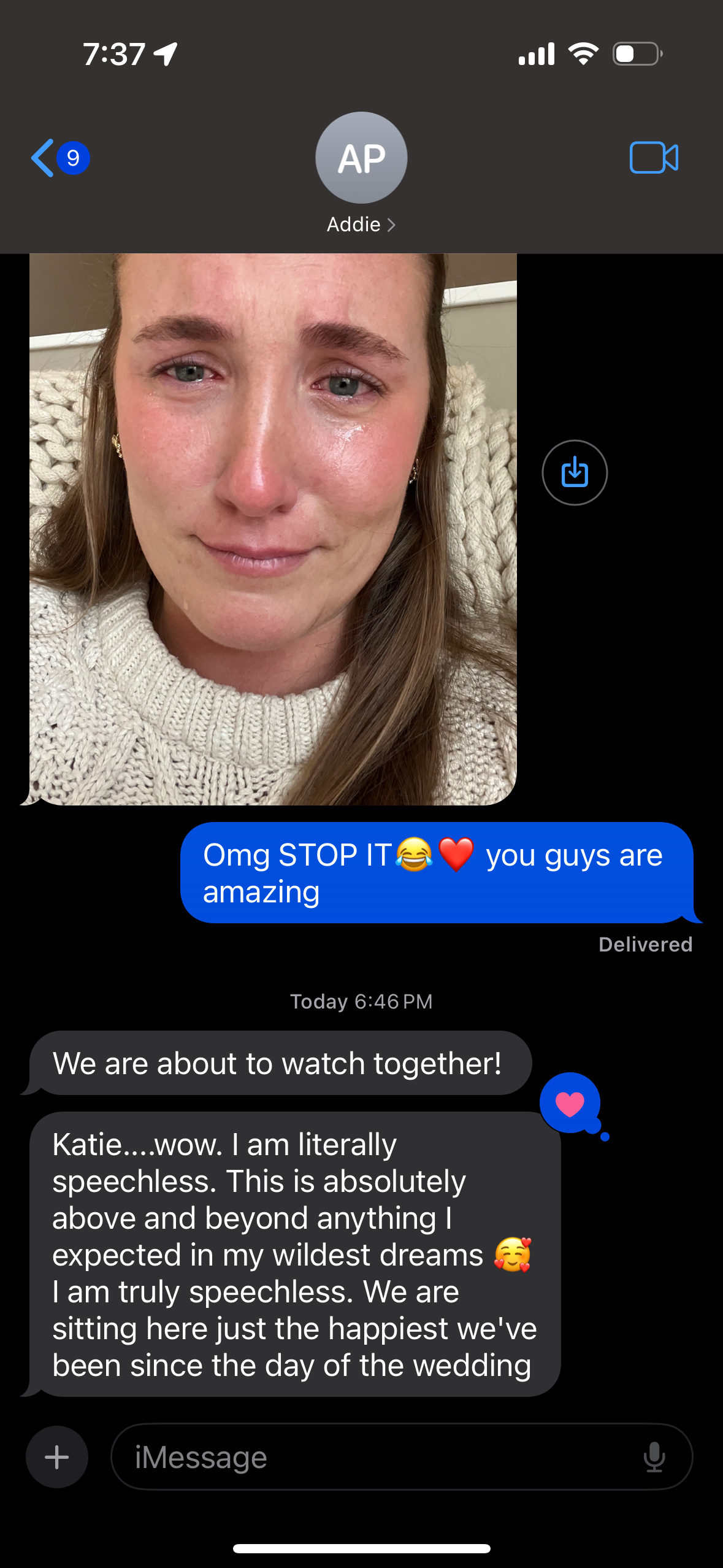 A series of text message screenshots showing excited reactions and messages about watching something together.