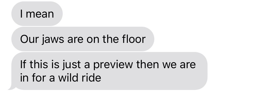 Text message conversation showing multiple gray chat bubbles with messages about jaws being on the floor and going for a wild ride.