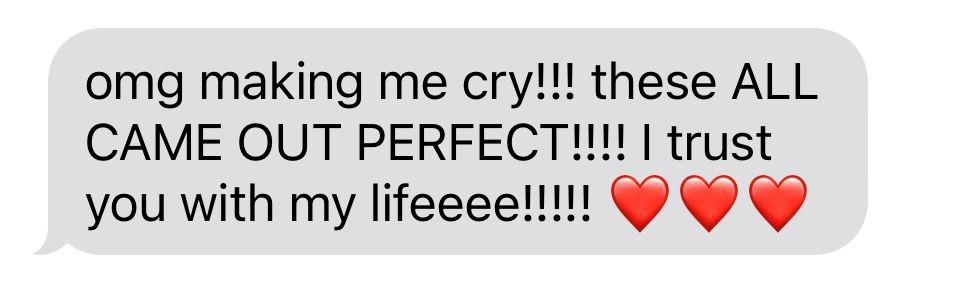Three text message bubbles showing an emotional conversation with heart emojis.