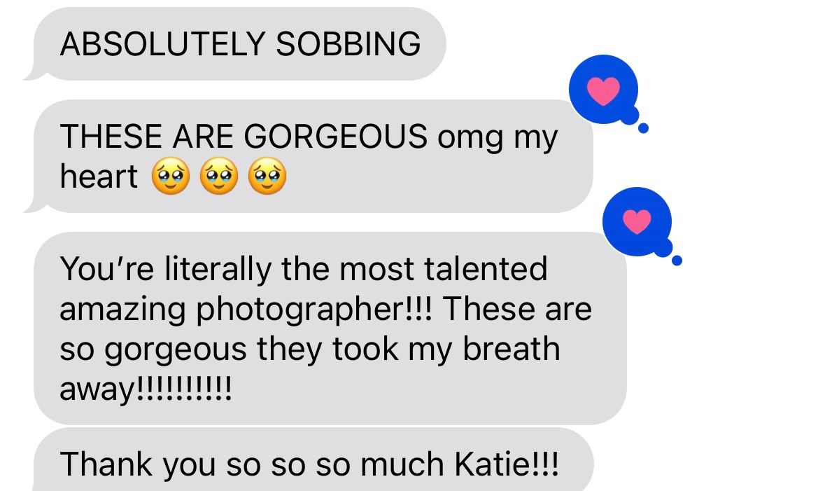 Text message conversation showing enthusiastic reactions and compliments with blue chat bubbles against a white background.