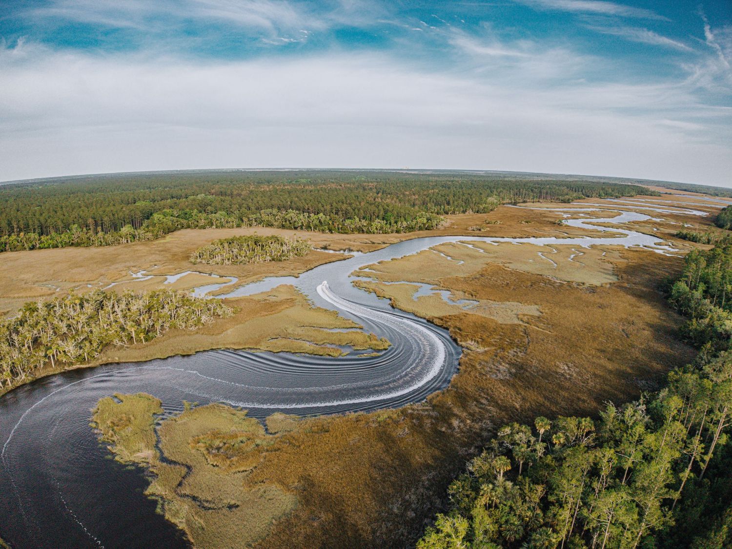Aerial view of a winding river through marshland and forest landscape.