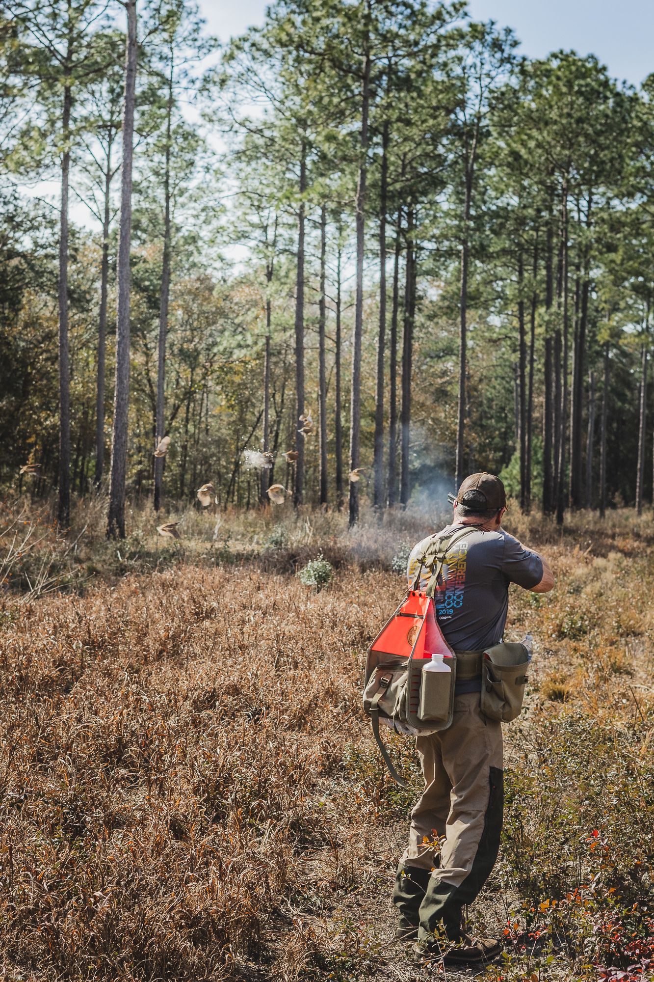 Hunters in camouflage gear aim their shotguns in a wooded hunting area.