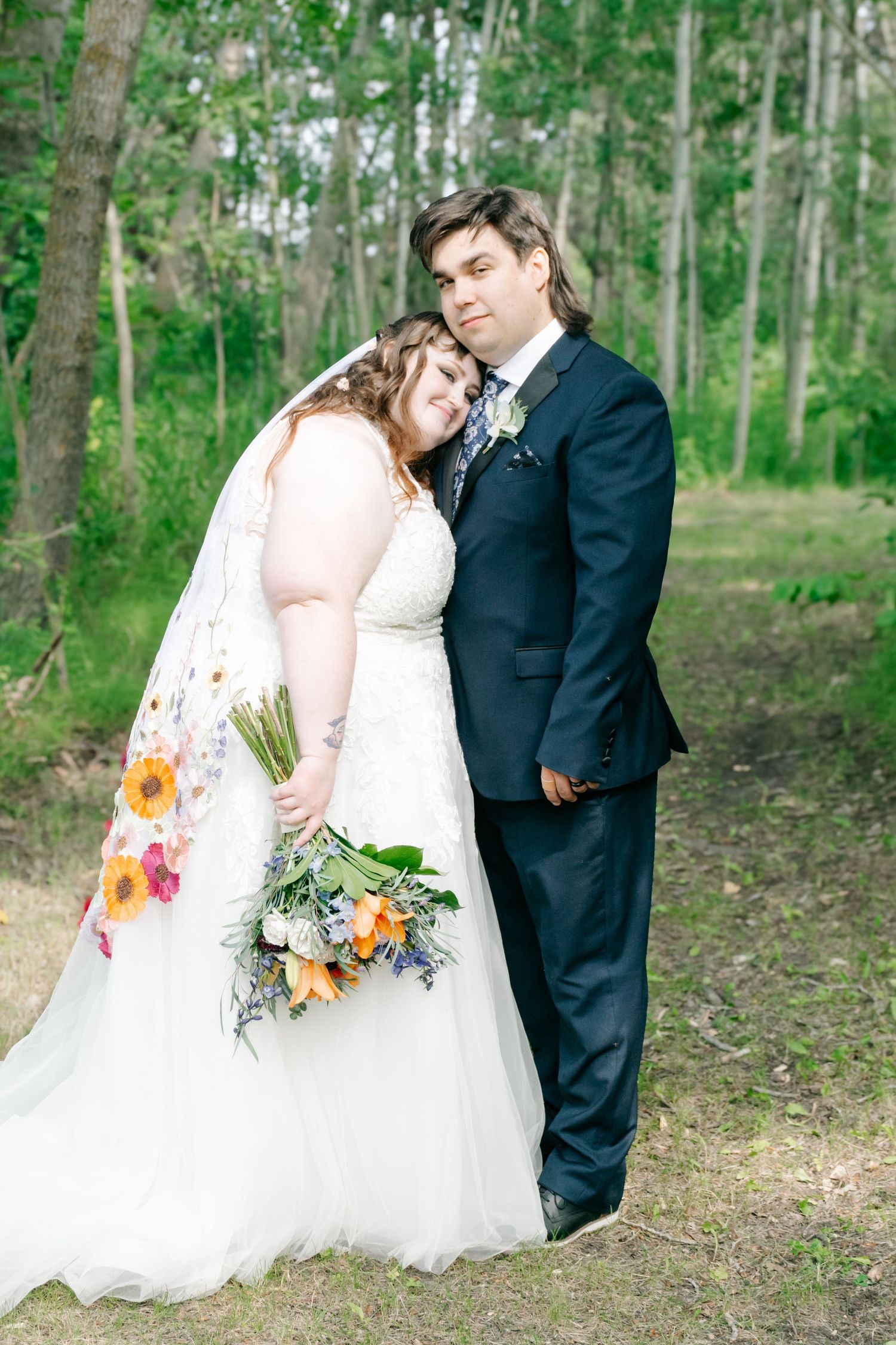 A couple on their wedding day enjoying each others company.