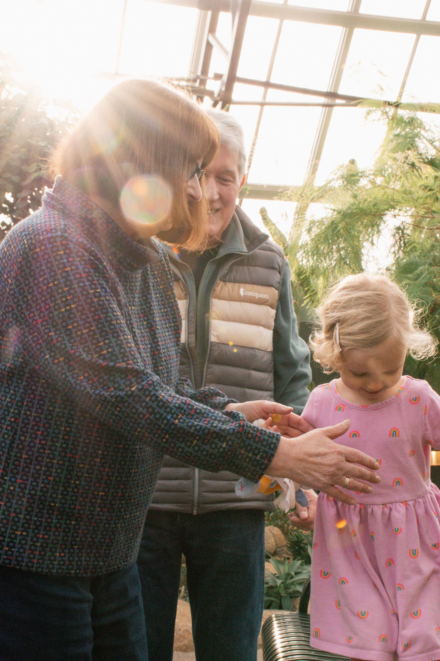 Three generations share tender moment in sunlit indoor setting with plants.