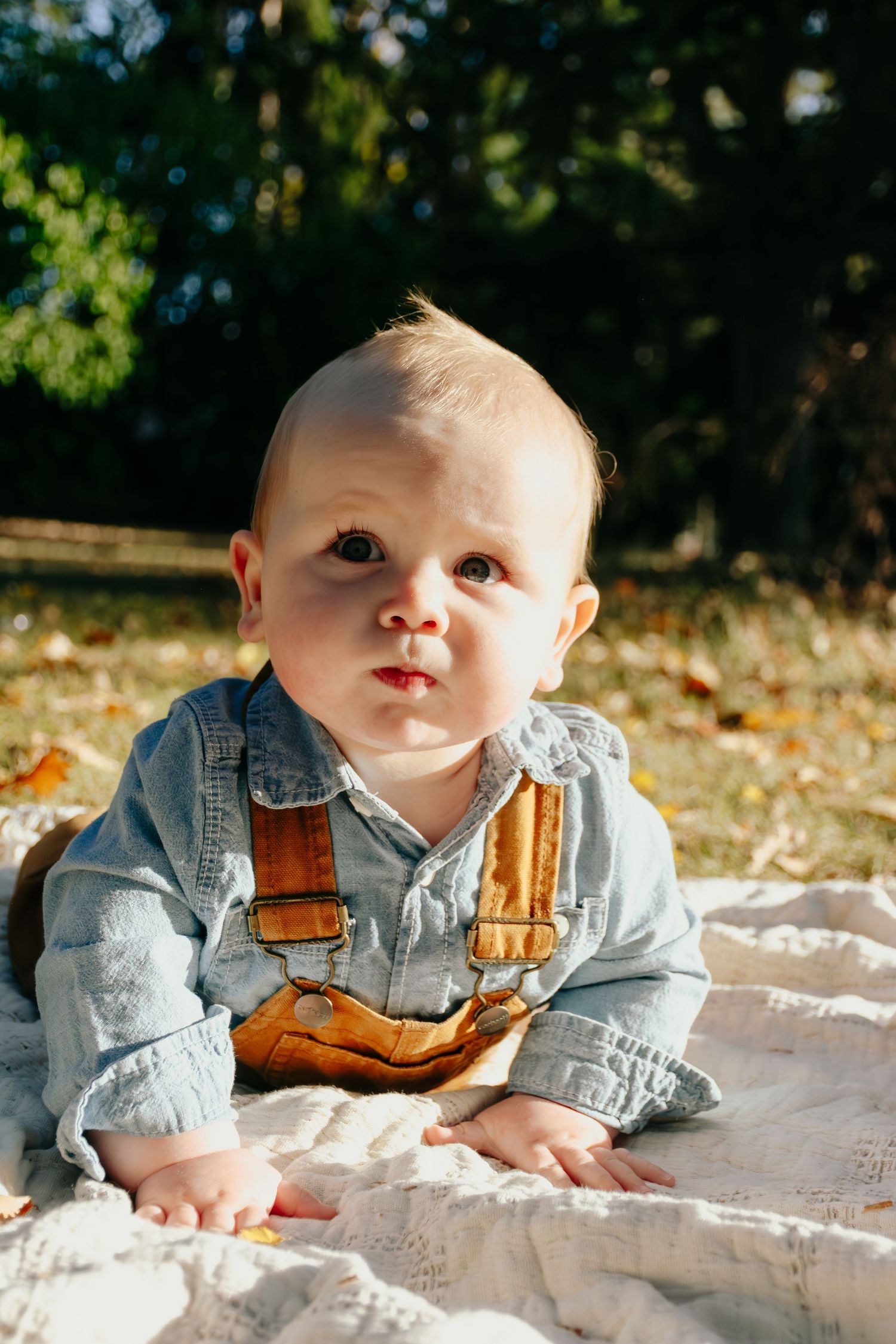 Baby in denim overalls lies on a white blanket outdoors during an autumn photoshoot.