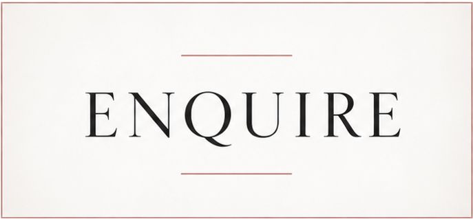 Elegant enquire button with serif typography on cream background with rose gold decorative lines.