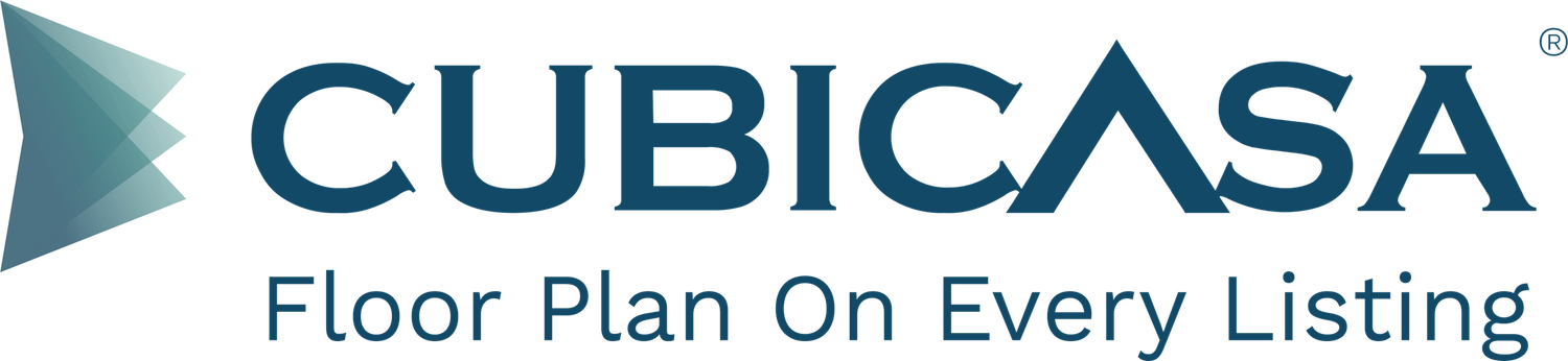 CubiCasa logo with teal geometric icon and dark blue text reading Floor Plan On Every Listing.
