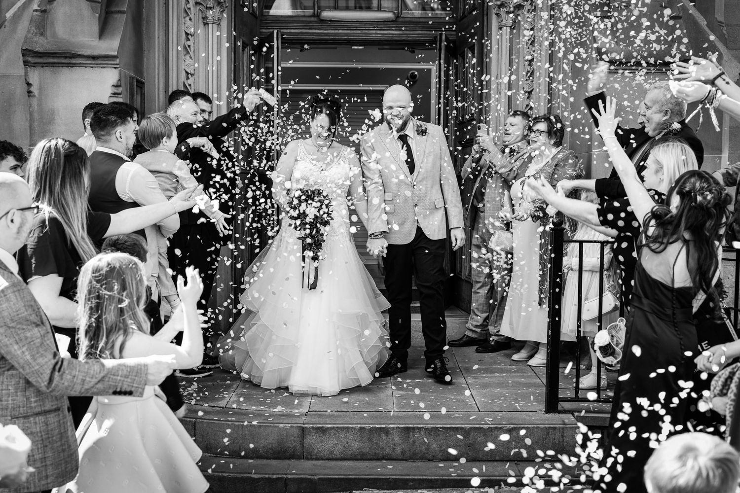 A series of wedding photos showing couples celebrating with confetti and flower petals being thrown during their special moments.