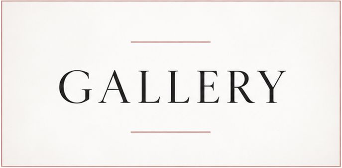 Elegant gallery logo with serif typography on a light background, framed by minimalist red decorative lines.