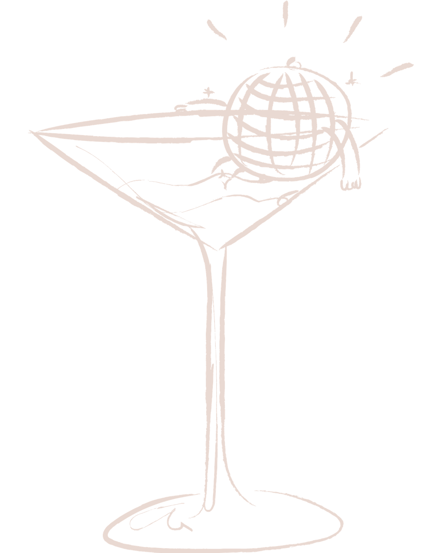 Minimalist illustration of a martini glass with a sparkling disco ball accent.
