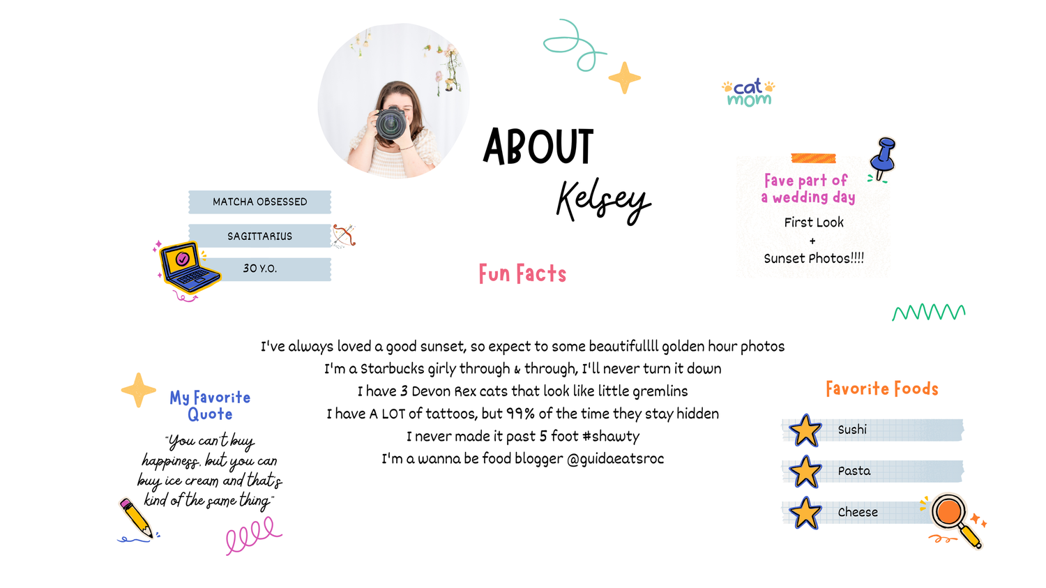 Website layout mockup showing about page design with social media integration and icons.