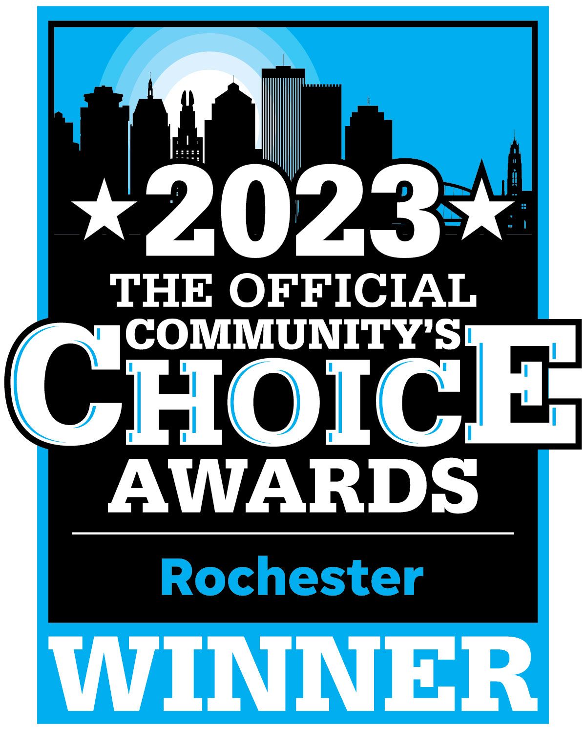 A blue and black logo for the 2023 Rochester Official Community's Choice Awards featuring a city skyline silhouette.