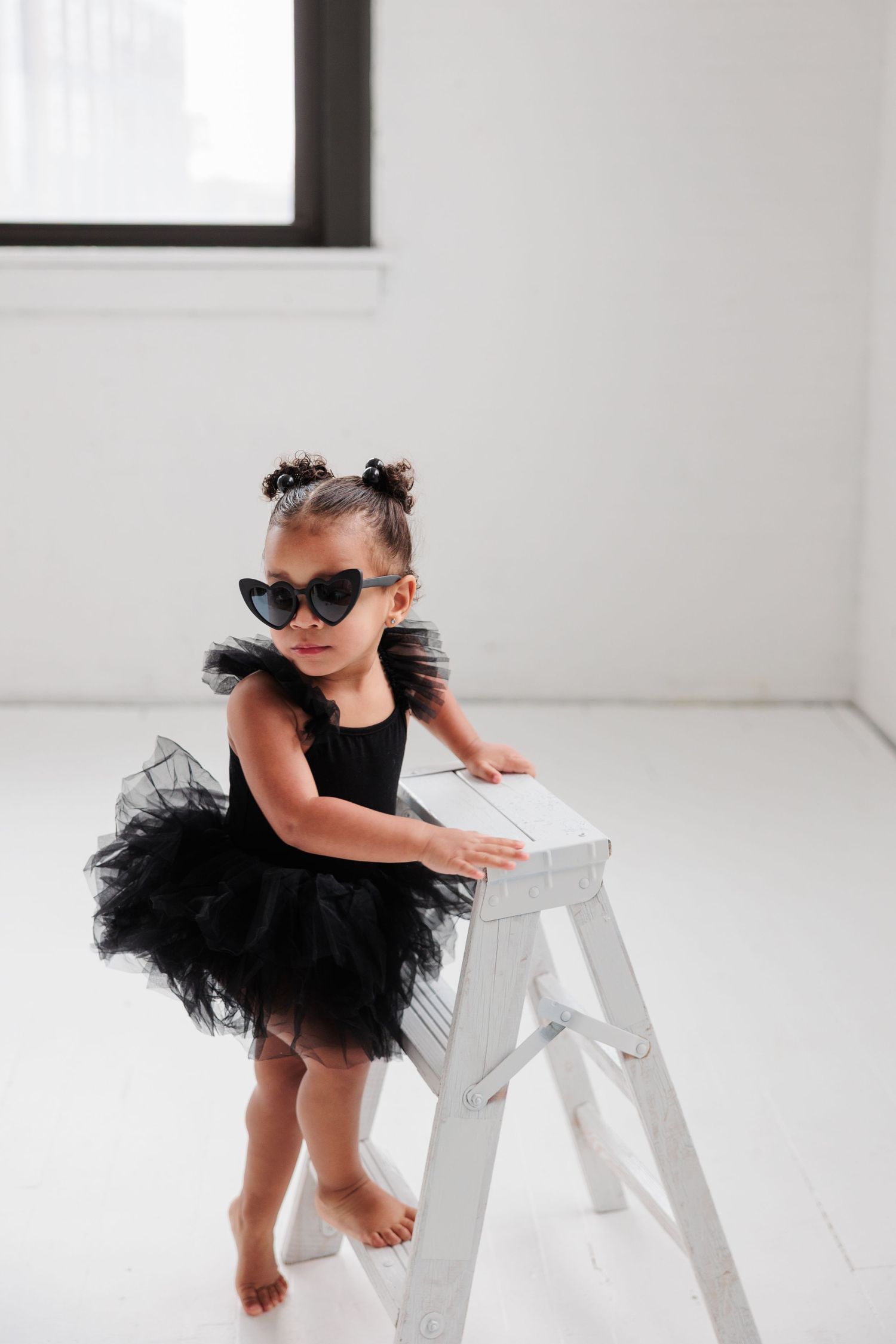 A toddler in a black tutu dress and sunglasses leans on a white ladder.

Rochester NY wedding photographer