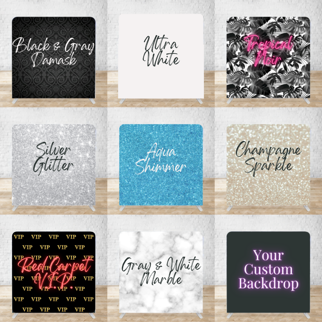 Collection of nine decorative backdrop designs featuring glitter textures and various color schemes with text overlays.