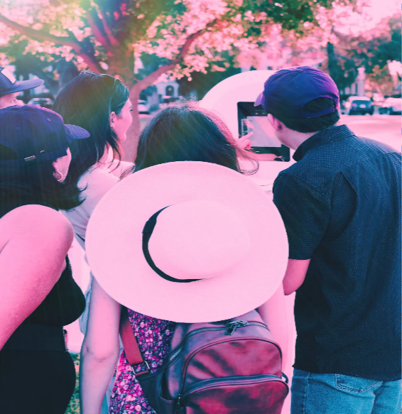 A group wearing pink sun hats gathers outdoors under pink cherry blossom trees during springtime.