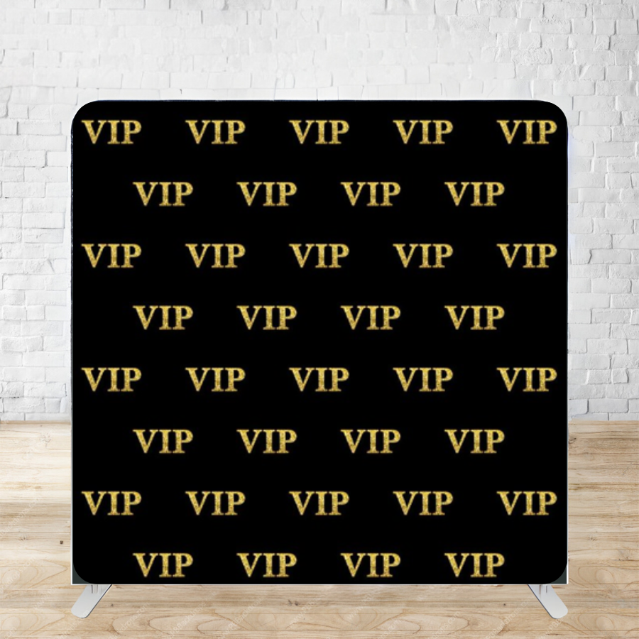 Black backdrop with repeated gold VIP text pattern creating a luxurious step-and-repeat wall display.