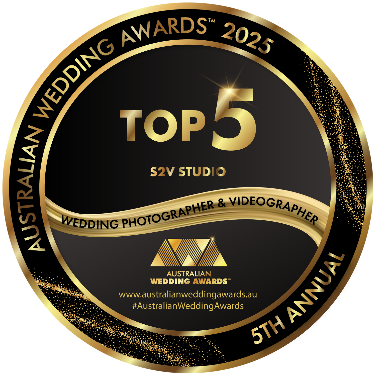 Black and gold circular award badge for Top 5 Wedding Photographer and Videographer in 2023 Australian Wedding Awards.