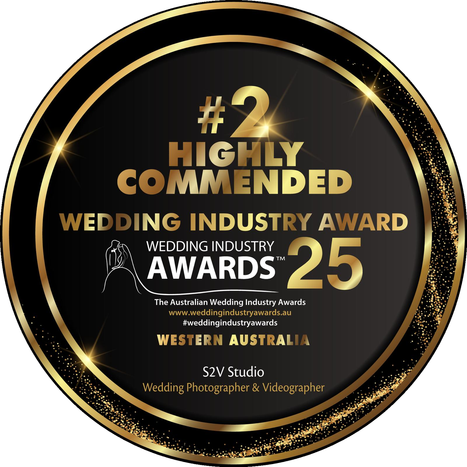 Black and gold circular award badge for #2 Highly Commended in Wedding Industry Awards 25 Western Australia.