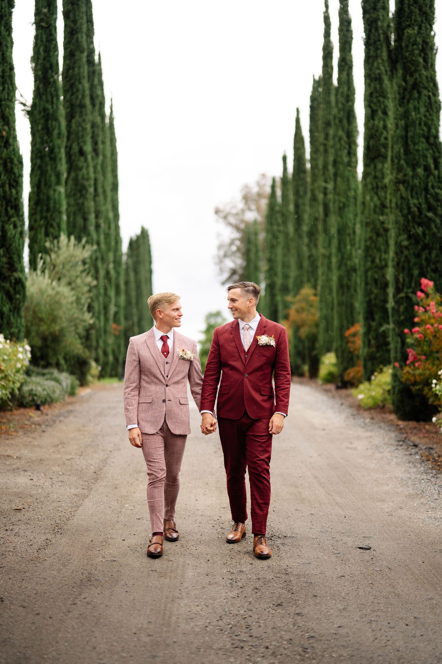A couple holding hands walks down a scenic cypress tree-lined path in countryside setting.