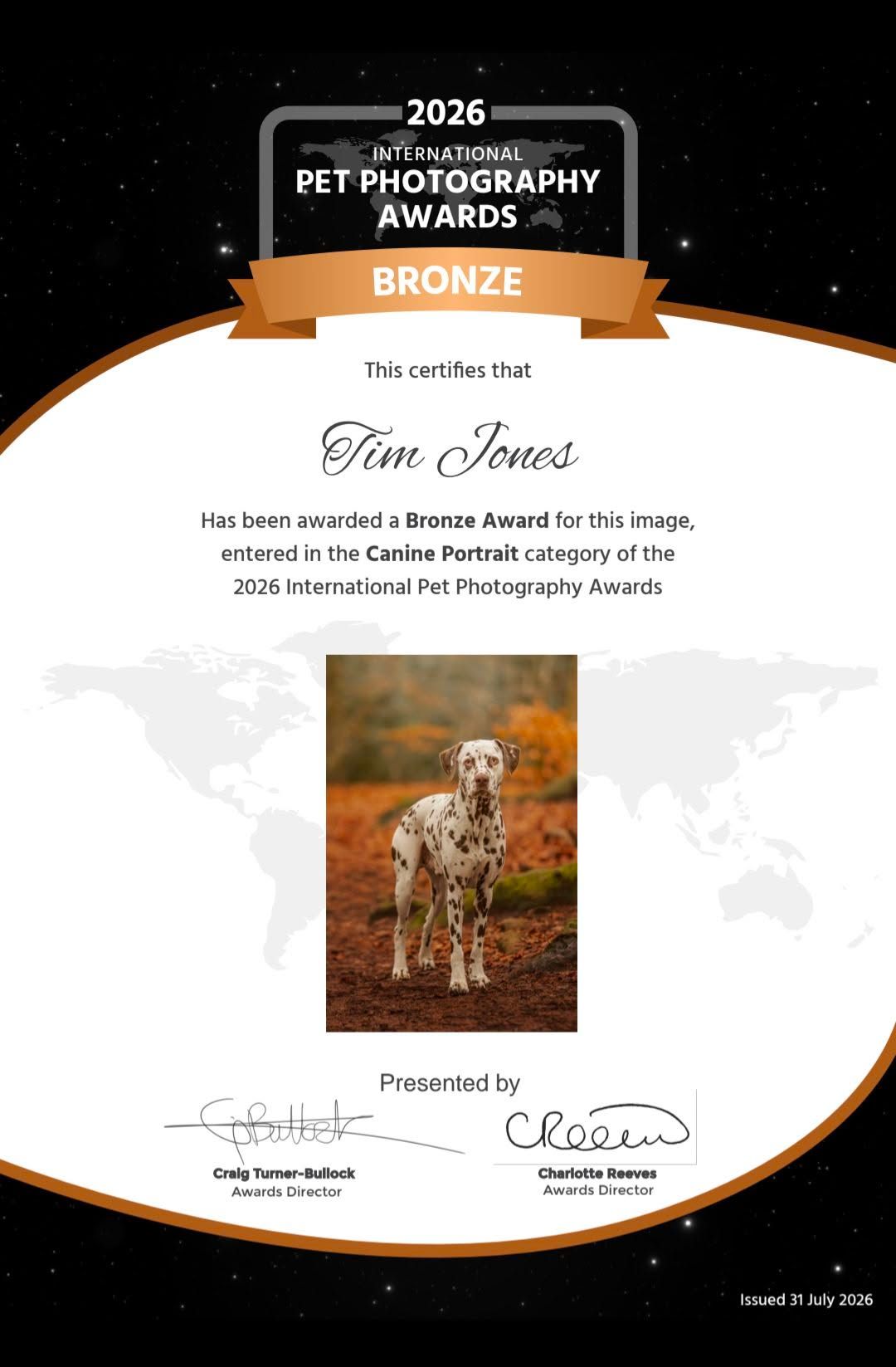 Bronze award certificate from 2026 International Pet Photography Awards for Tim Jones in the Canine Portrait category featuring a Dalmatian.