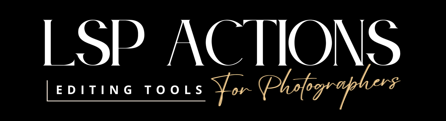 Photoshop action buttons and editing tools interface shown in black and white professional design layout.
