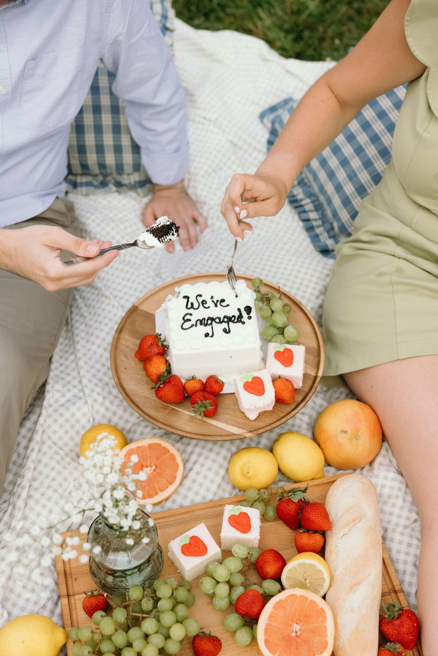 A picnic spread featuring fresh fruits, strawberries and handwritten notes on a checkered blanket. The Bradford, Separk  Mansion