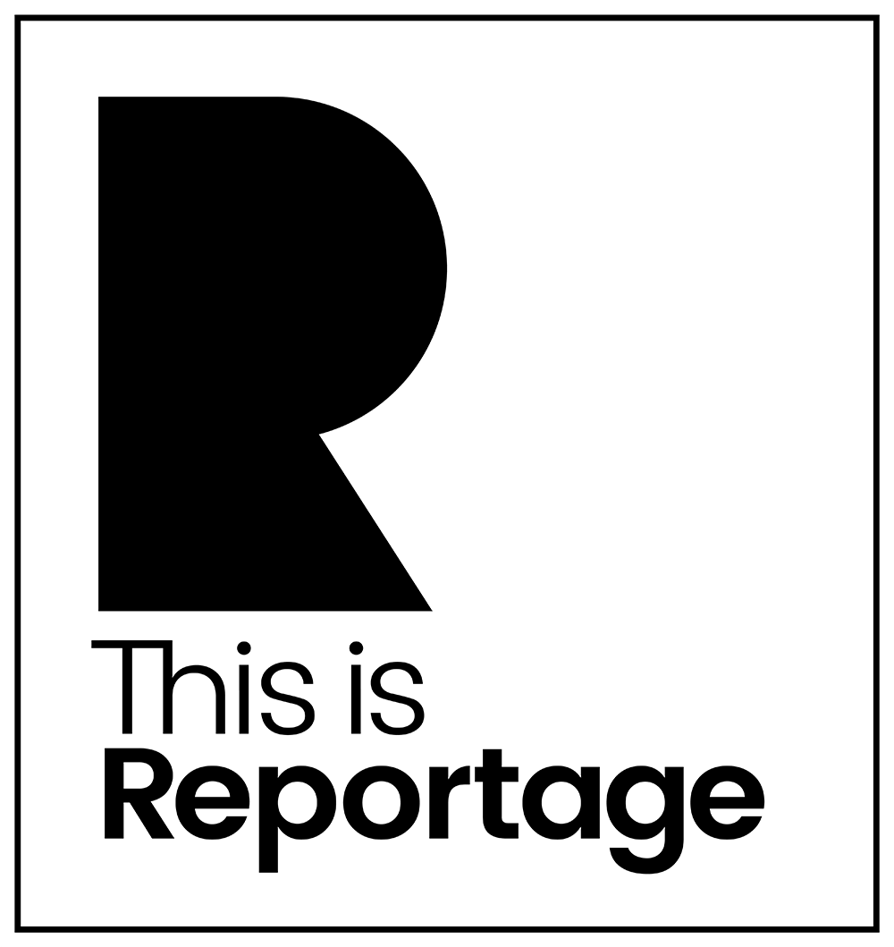 Black and white minimalist logo design for 'This is Reportage' featuring a bold capital R against a square background.