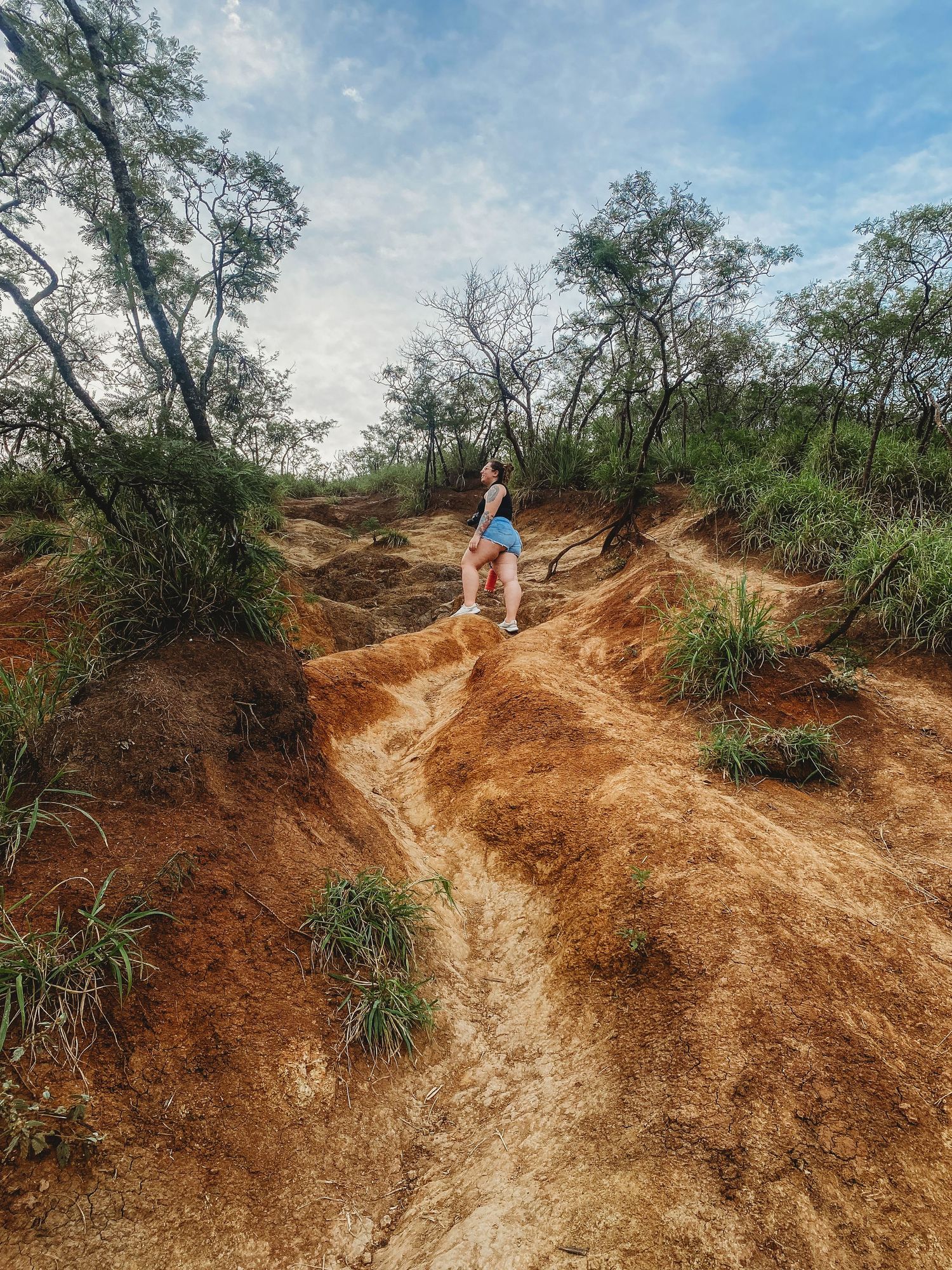 A series of hiking trail shots showing rough red dirt terrain with varying elevations against a cloudy sky and green foliage.