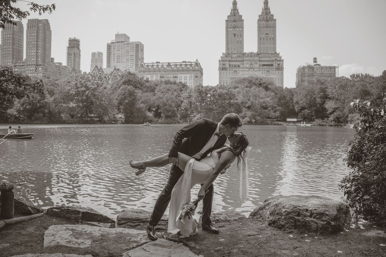 A series of vintage black and white photographs showing people relaxing at Central Park Lake with city buildings in background.