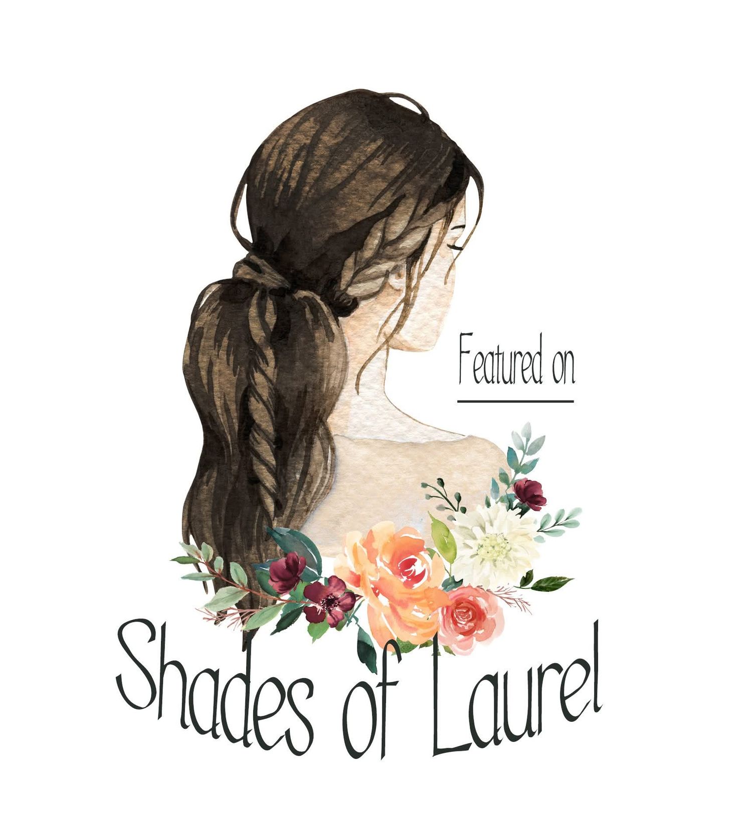 Watercolor illustration of a woman's side profile with dark ponytail and floral design featuring peach and burgundy blooms.