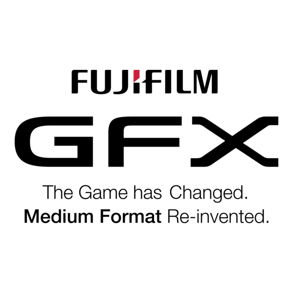 Fujifilm GFX medium format camera system logo with tagline The Game has Changed, Medium Format Re-invented.