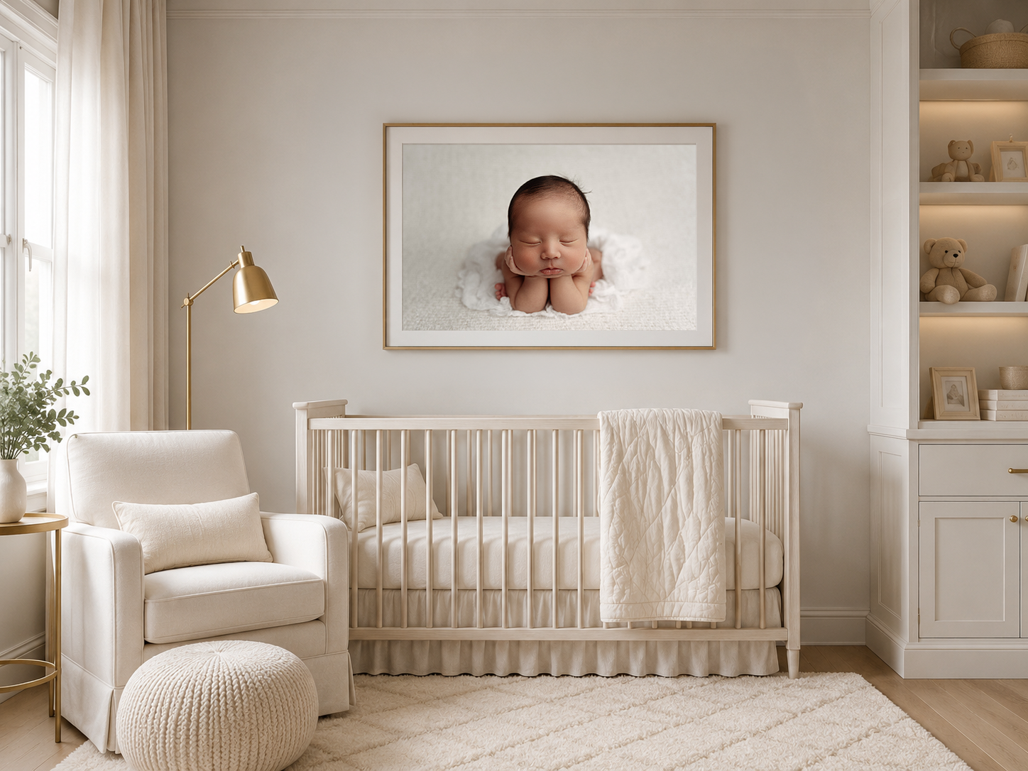 Serene nursery with white crib, gold lamp, and framed newborn photo above crib in a soft, neutral-toned room.