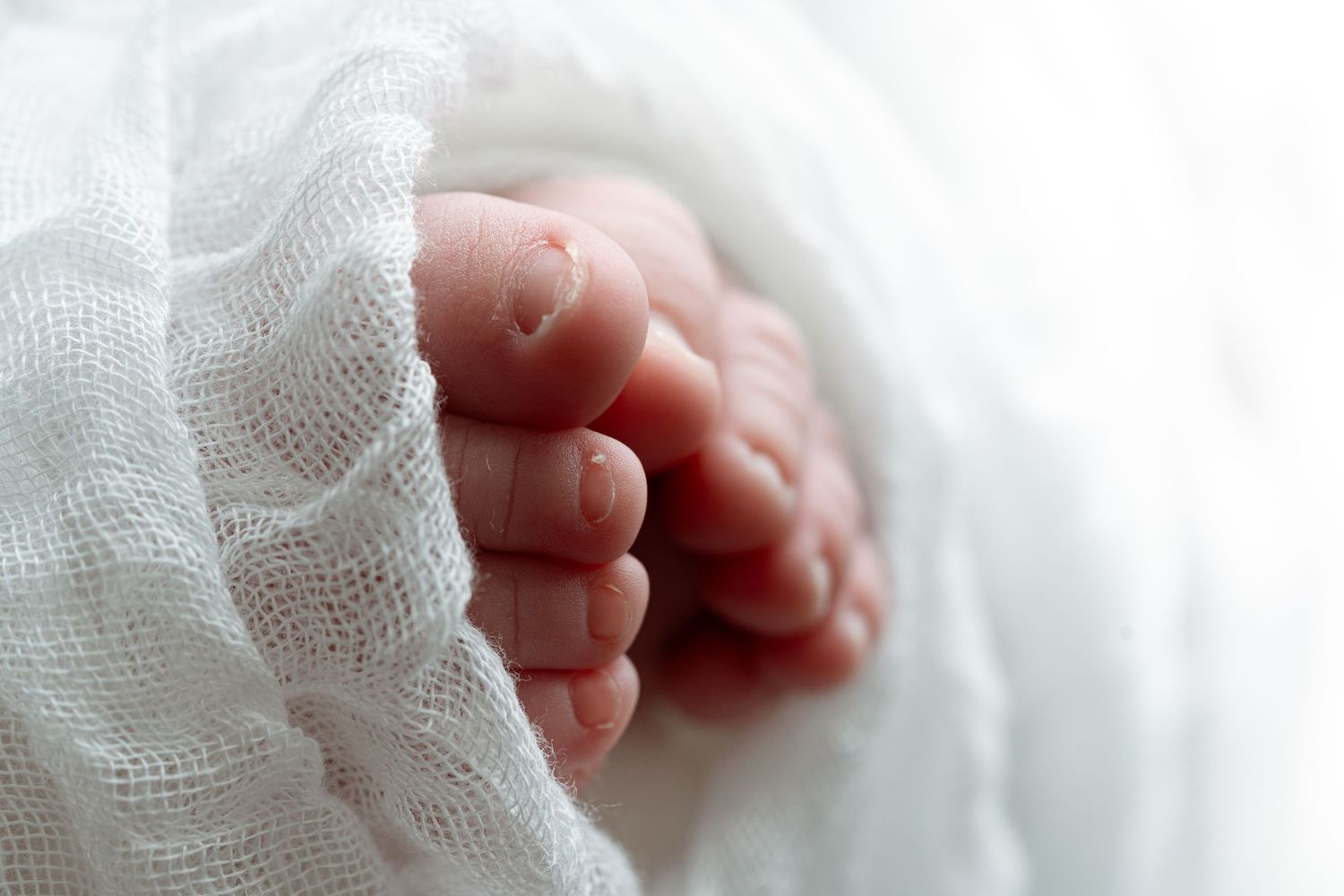Close-up of tiny newborn baby toes wrapped in a soft white blanket, perfect for infant care concepts.