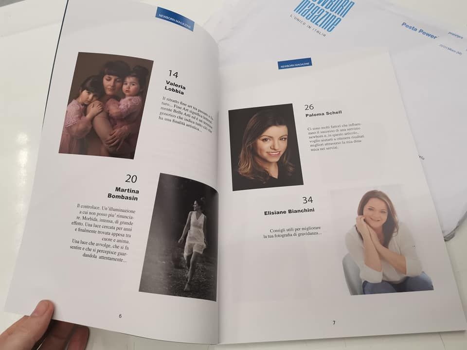 Open magazine or catalog showing portrait photos and text descriptions of models or performers on white pages.
