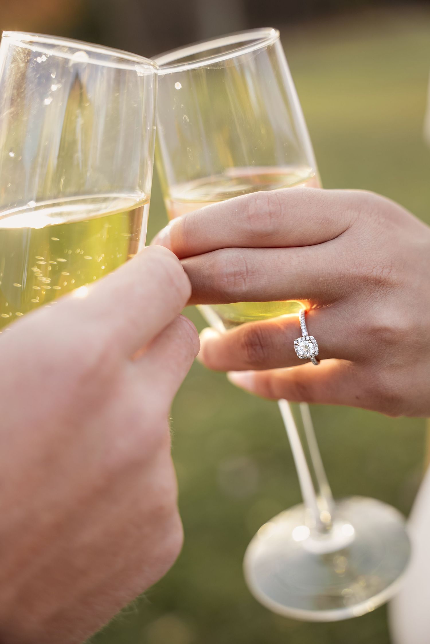 Couple toasting champagne glasses during an outdoor engagement session.